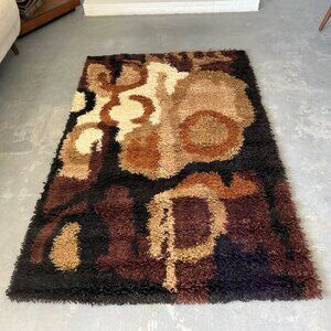 1970's THOR Abstract Space Age UNUSED Mid Century Modern Rya Rug Brown Beige